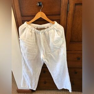 White Elastic-Waist Linen Blend Pants